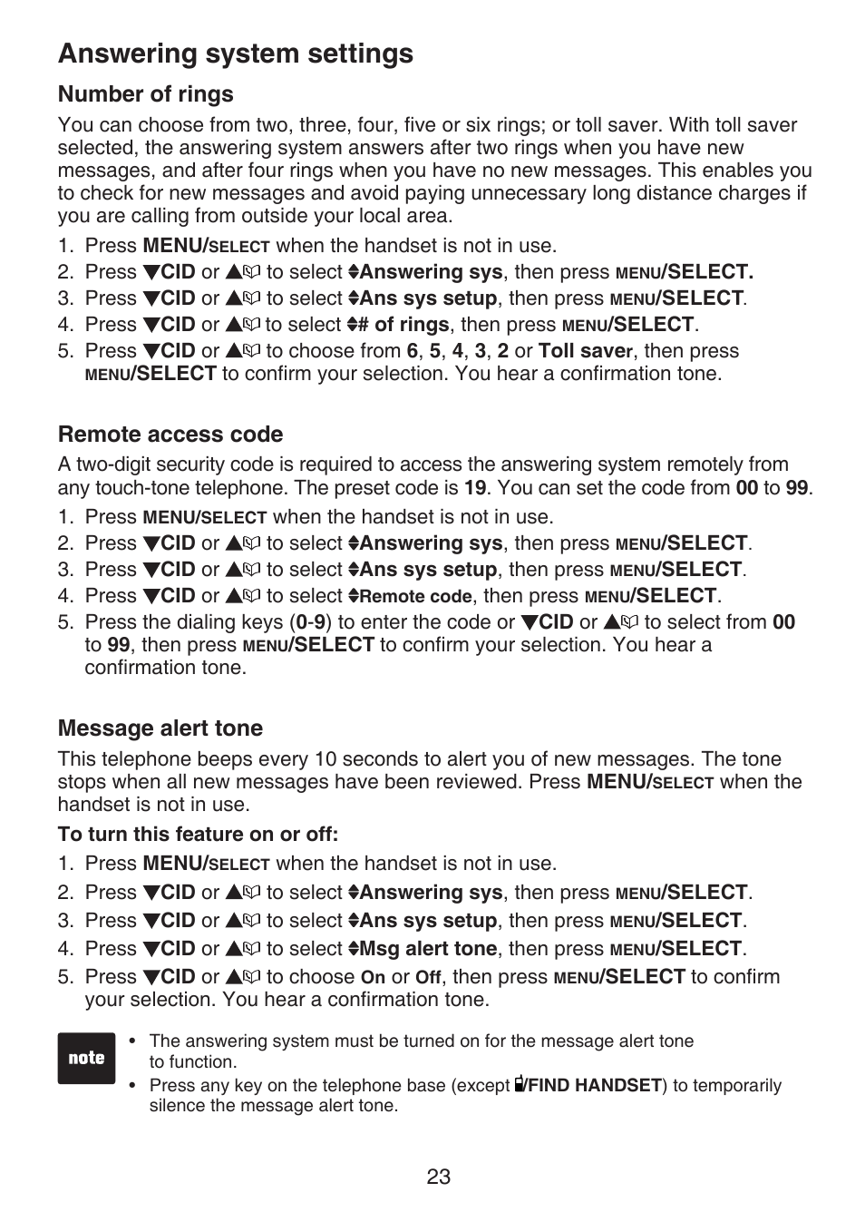 Number of rings, Remote access code, Message alert tone | Answering system settings | VTech CS6124-2 User Manual | Page 27 / 53