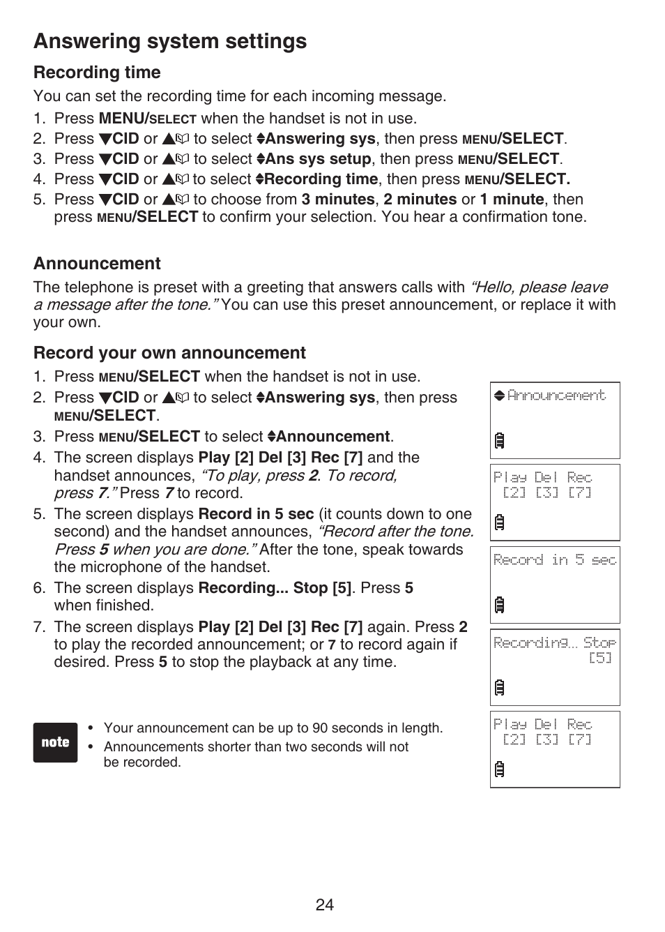 Recording time, Announcement, Record your own | Answering system settings, Record your own announcement | VTech CS6124-2 User Manual | Page 28 / 53