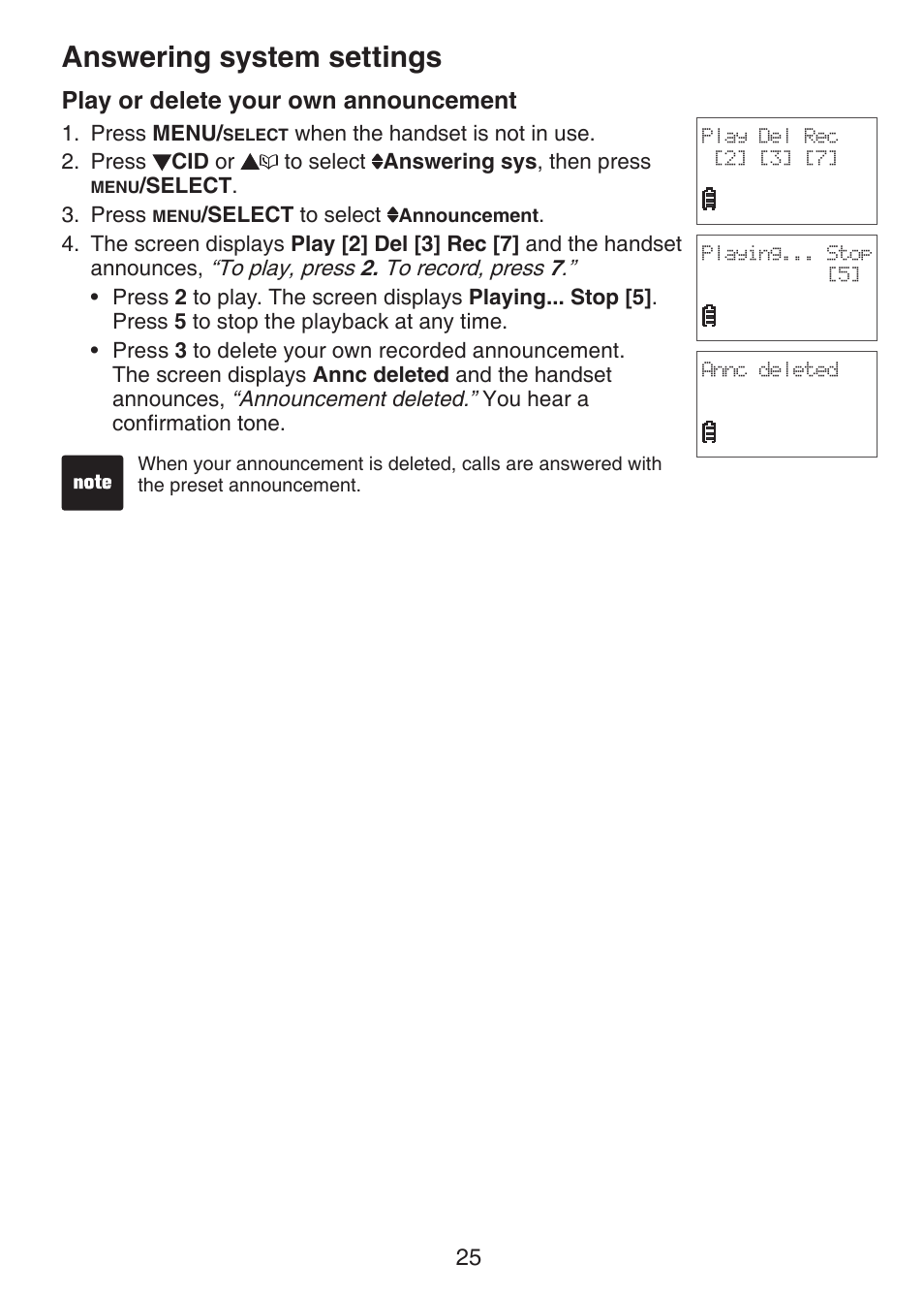 Play or delete your own, Announcement, Answering system settings | Play or delete your own announcement | VTech CS6124-2 User Manual | Page 29 / 53
