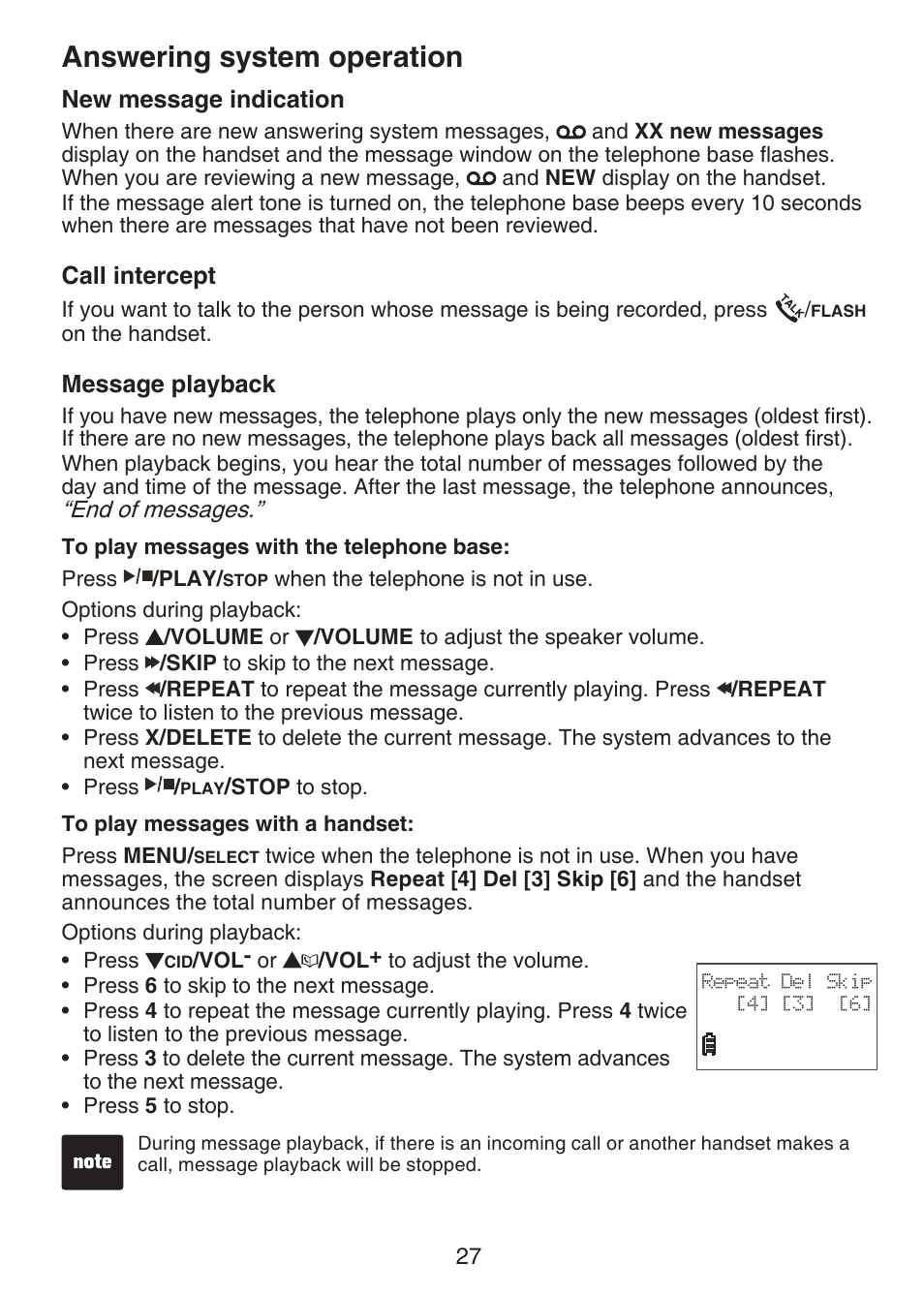 New message indication, Call intercept, Message playback | Answering system operation | VTech CS6124-2 User Manual | Page 31 / 53