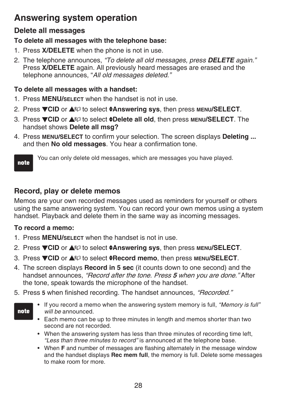 Delete all messages, Record, play or delete memos, Answering system operation | VTech CS6124-2 User Manual | Page 32 / 53