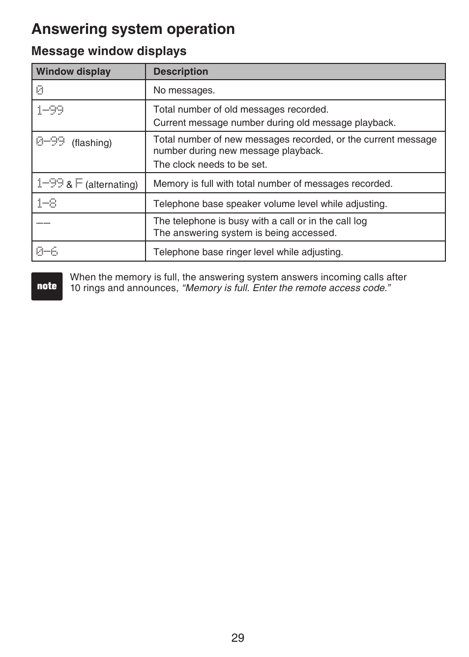 Message window displays, Answering system operation | VTech CS6124-2 User Manual | Page 33 / 53