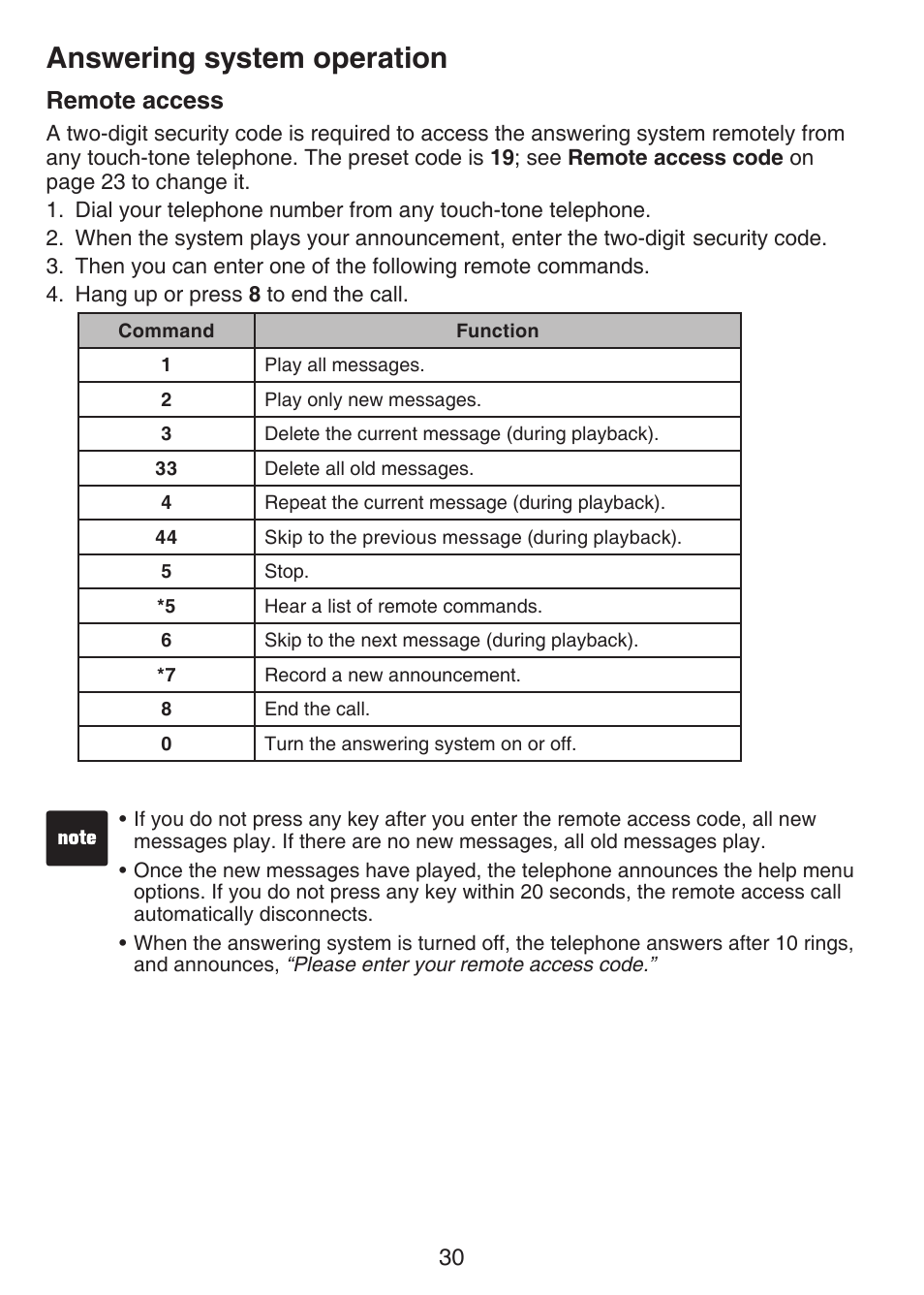 Remote access, Answering system operation | VTech CS6124-2 User Manual | Page 34 / 53