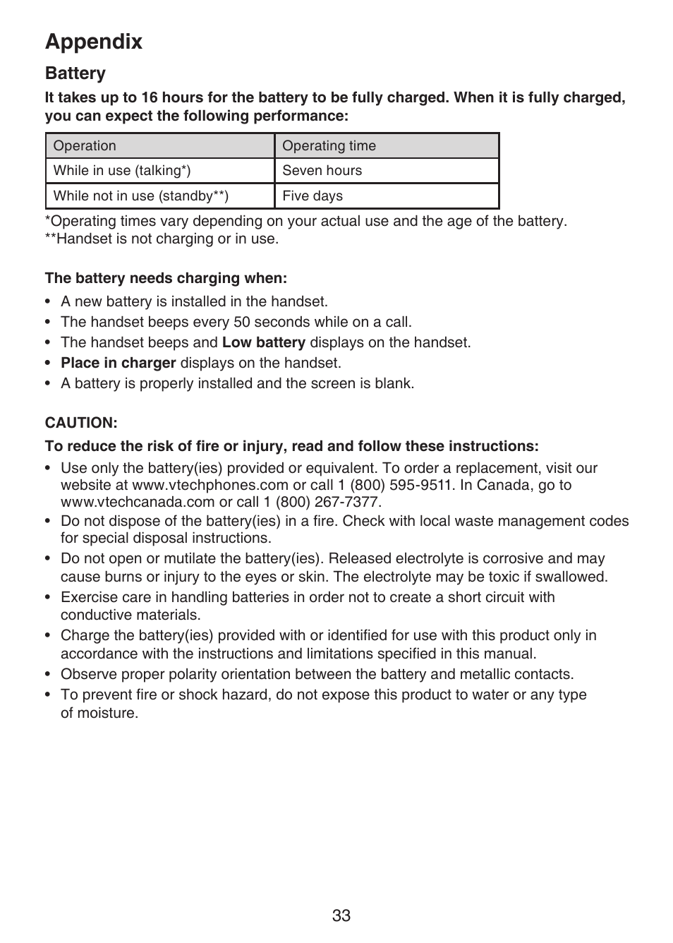 Battery, Appendix | VTech CS6124-2 User Manual | Page 37 / 53