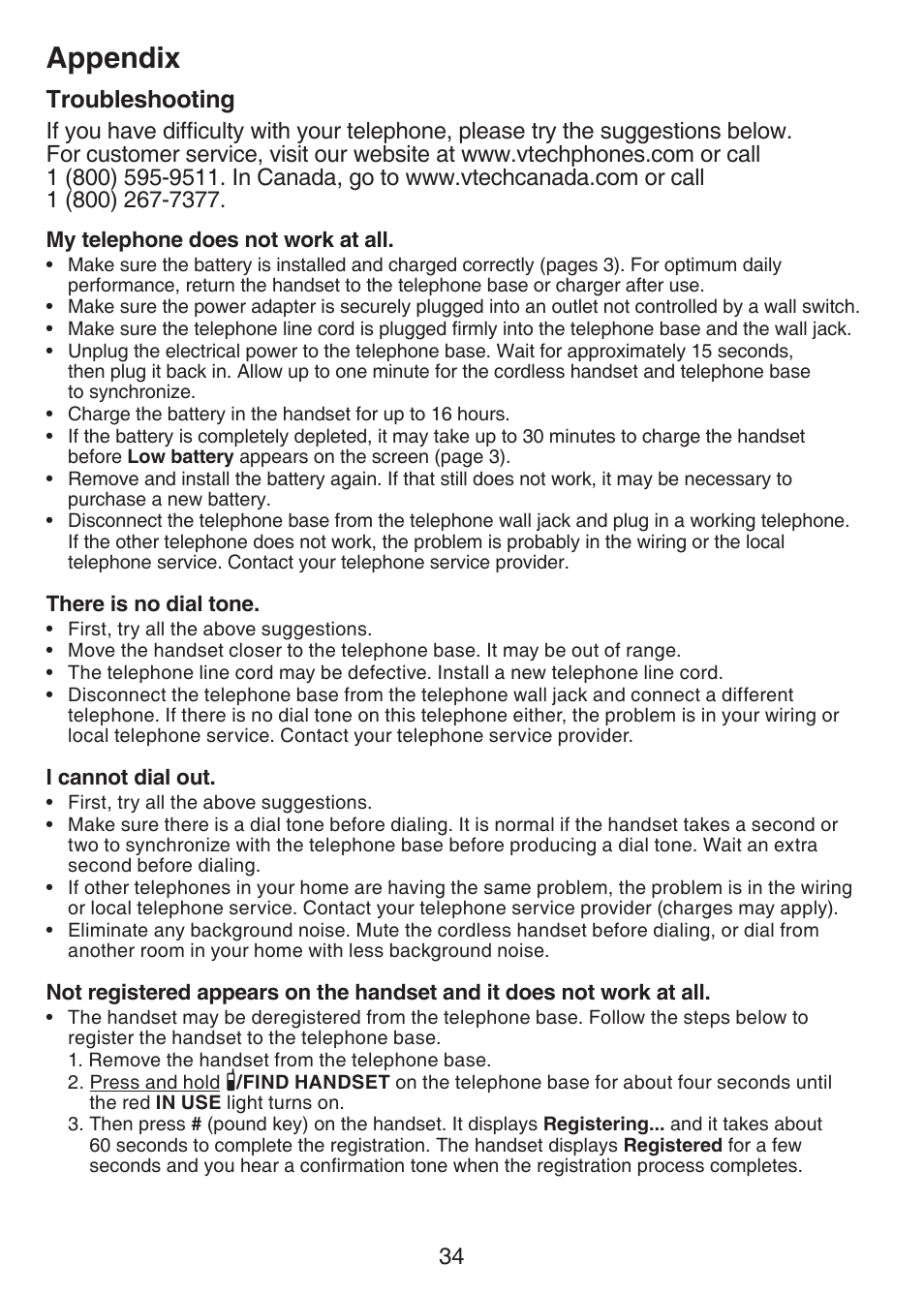 Troubleshooting, Appendix | VTech CS6124-2 User Manual | Page 38 / 53