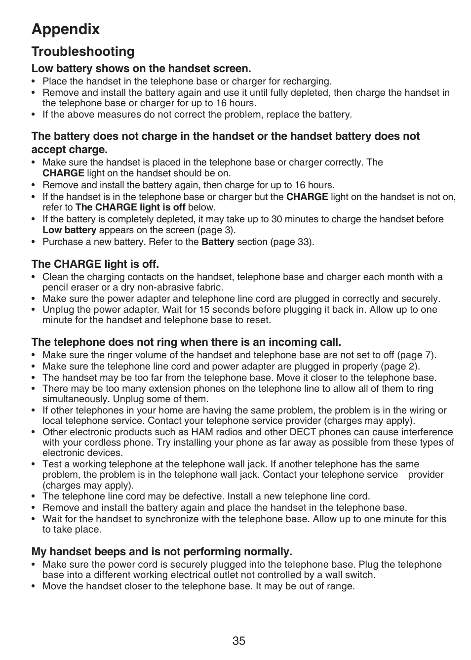 Appendix, Troubleshooting | VTech CS6124-2 User Manual | Page 39 / 53