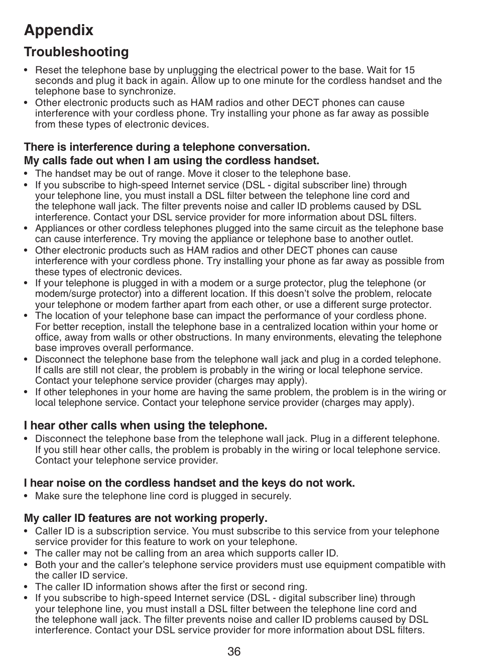 Appendix, Troubleshooting | VTech CS6124-2 User Manual | Page 40 / 53