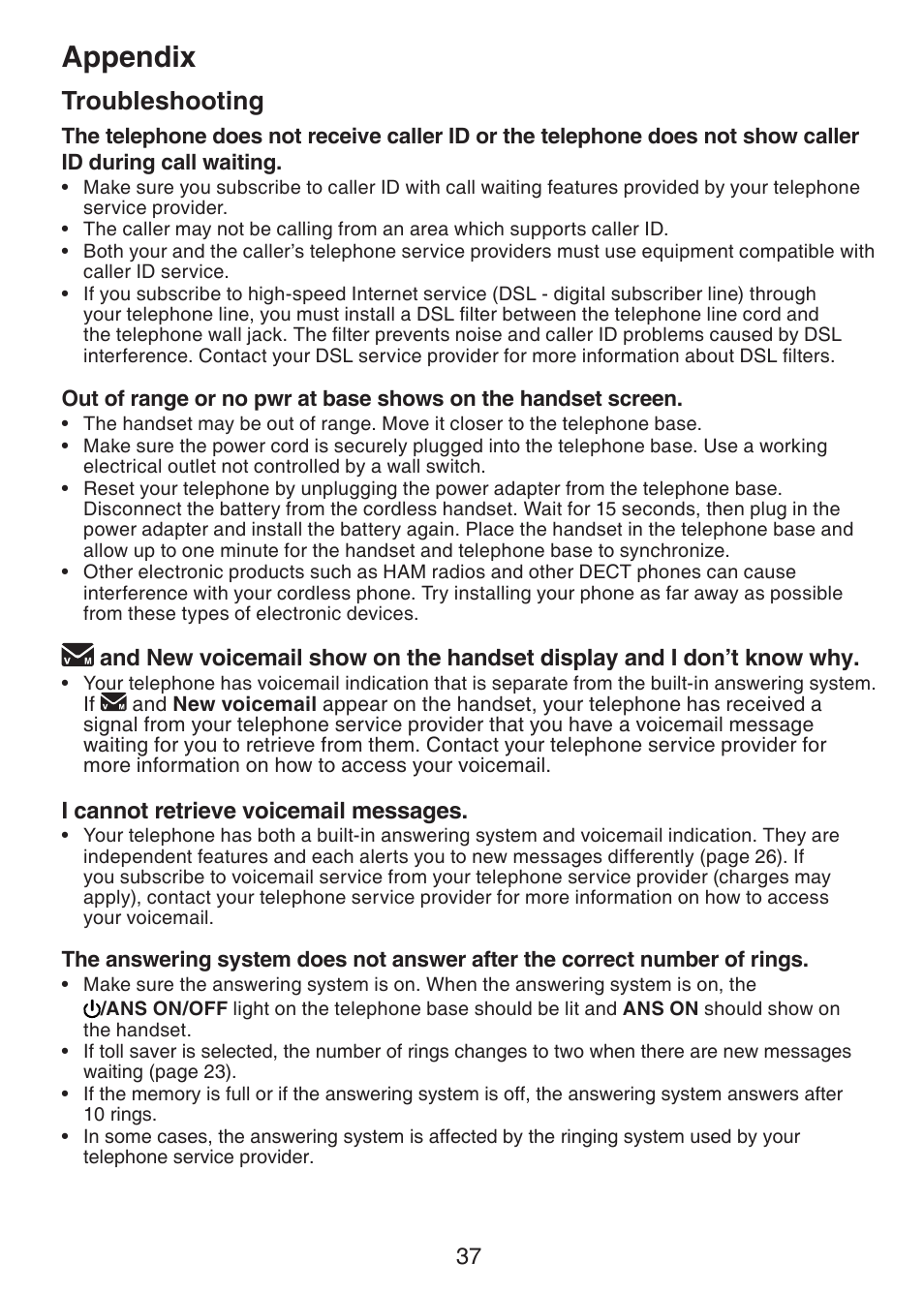 Appendix, Troubleshooting | VTech CS6124-2 User Manual | Page 41 / 53