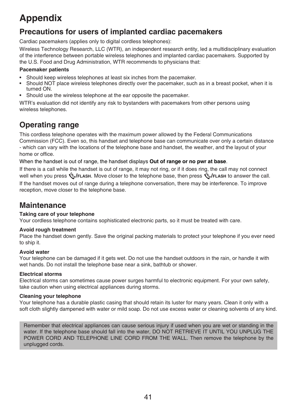 Precautions for users of implanted, Cardiac pacemakers, Operating range | Maintenance, Appendix | VTech CS6124-2 User Manual | Page 45 / 53