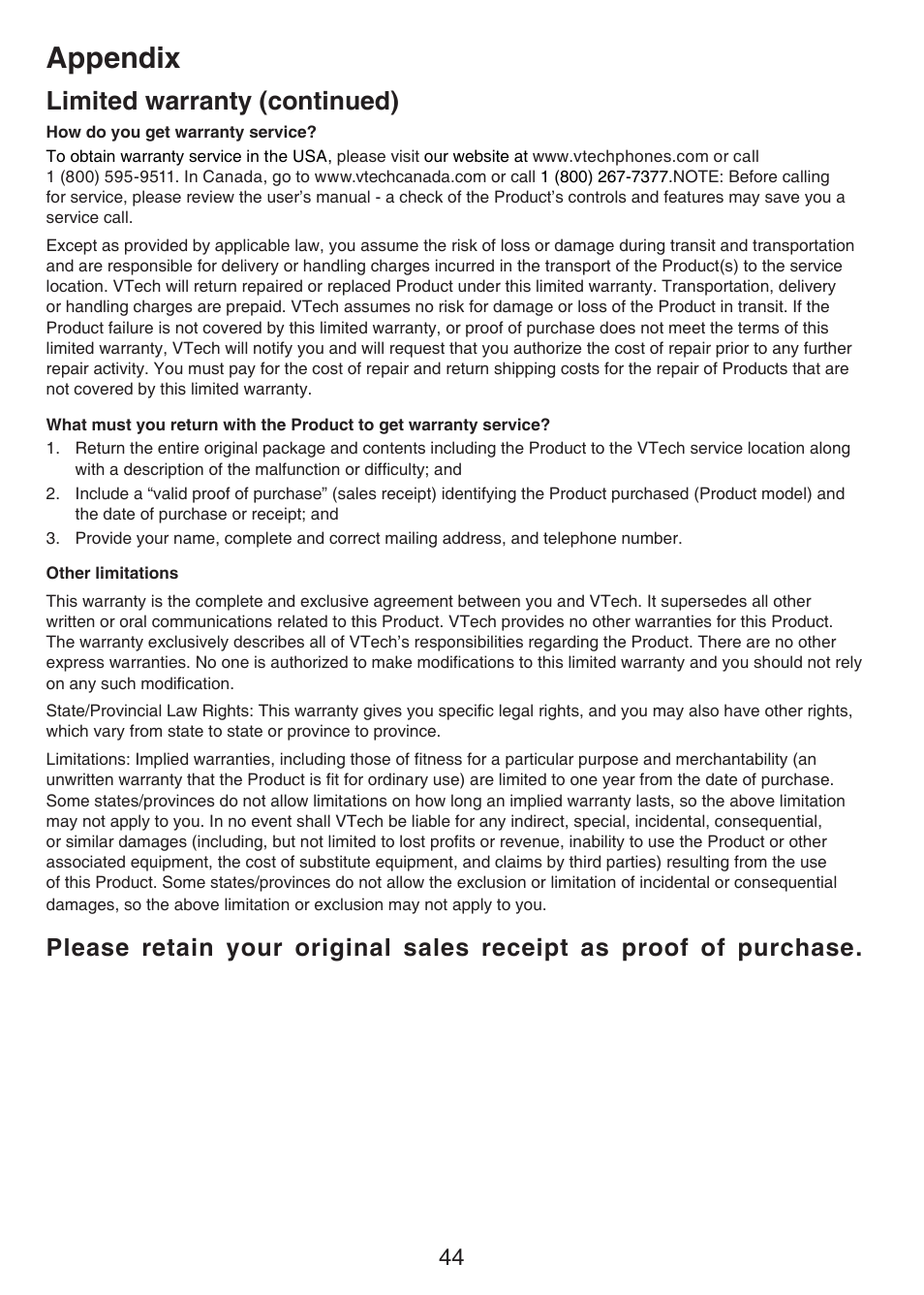 Appendix, Limited warranty (continued) | VTech CS6124-2 User Manual | Page 48 / 53