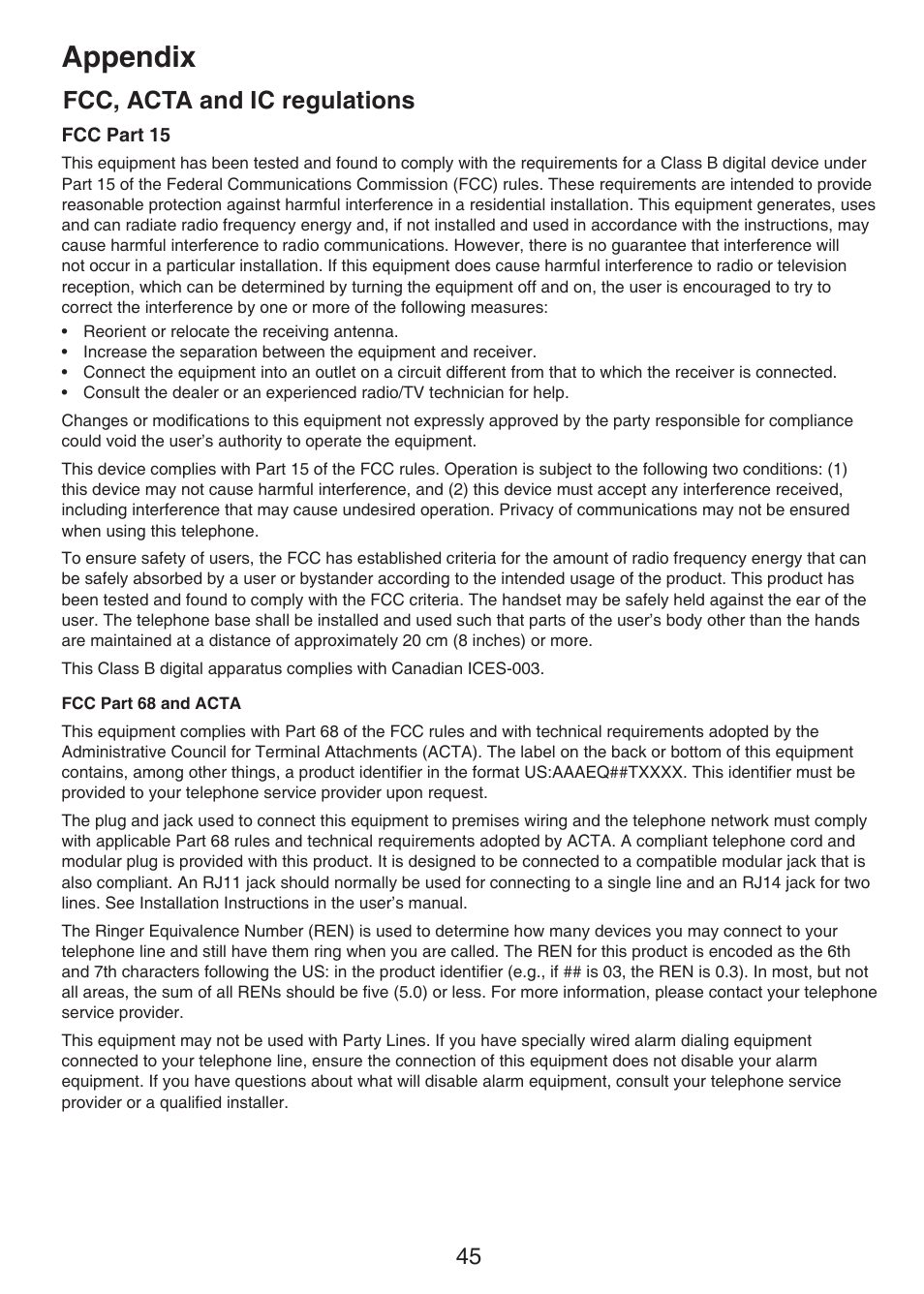 Fcc, acta and ic regulations, Appendix | VTech CS6124-2 User Manual | Page 49 / 53
