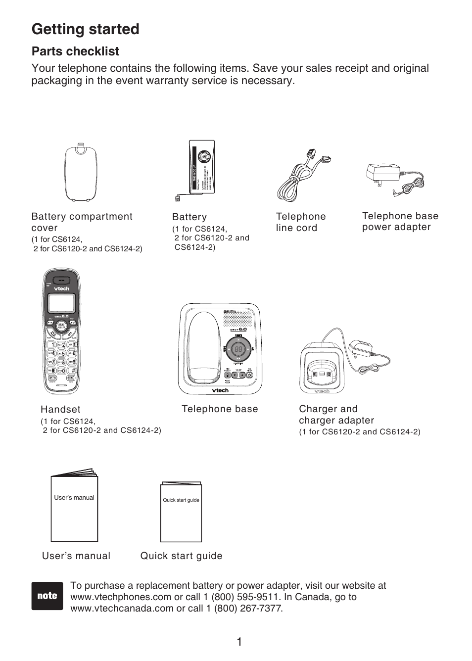 Getting started, Parts checklist | VTech CS6124-2 User Manual | Page 5 / 53
