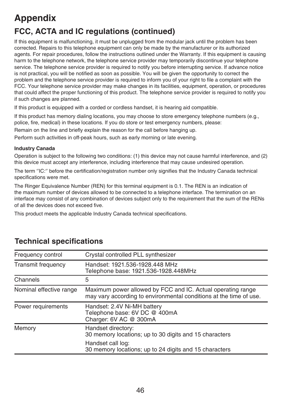 Technical specifications, Appendix, Fcc, acta and ic regulations (continued) | VTech CS6124-2 User Manual | Page 50 / 53