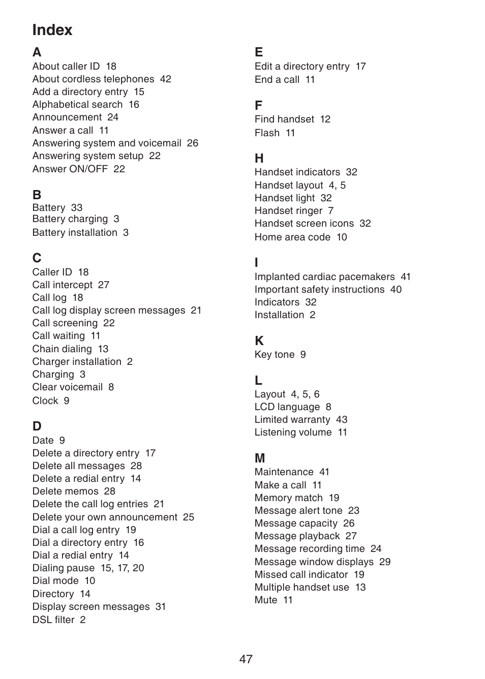 Index, Appendix | VTech CS6124-2 User Manual | Page 51 / 53
