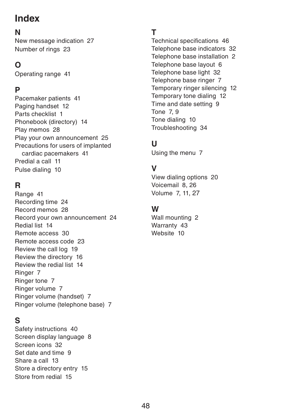 Index | VTech CS6124-2 User Manual | Page 52 / 53