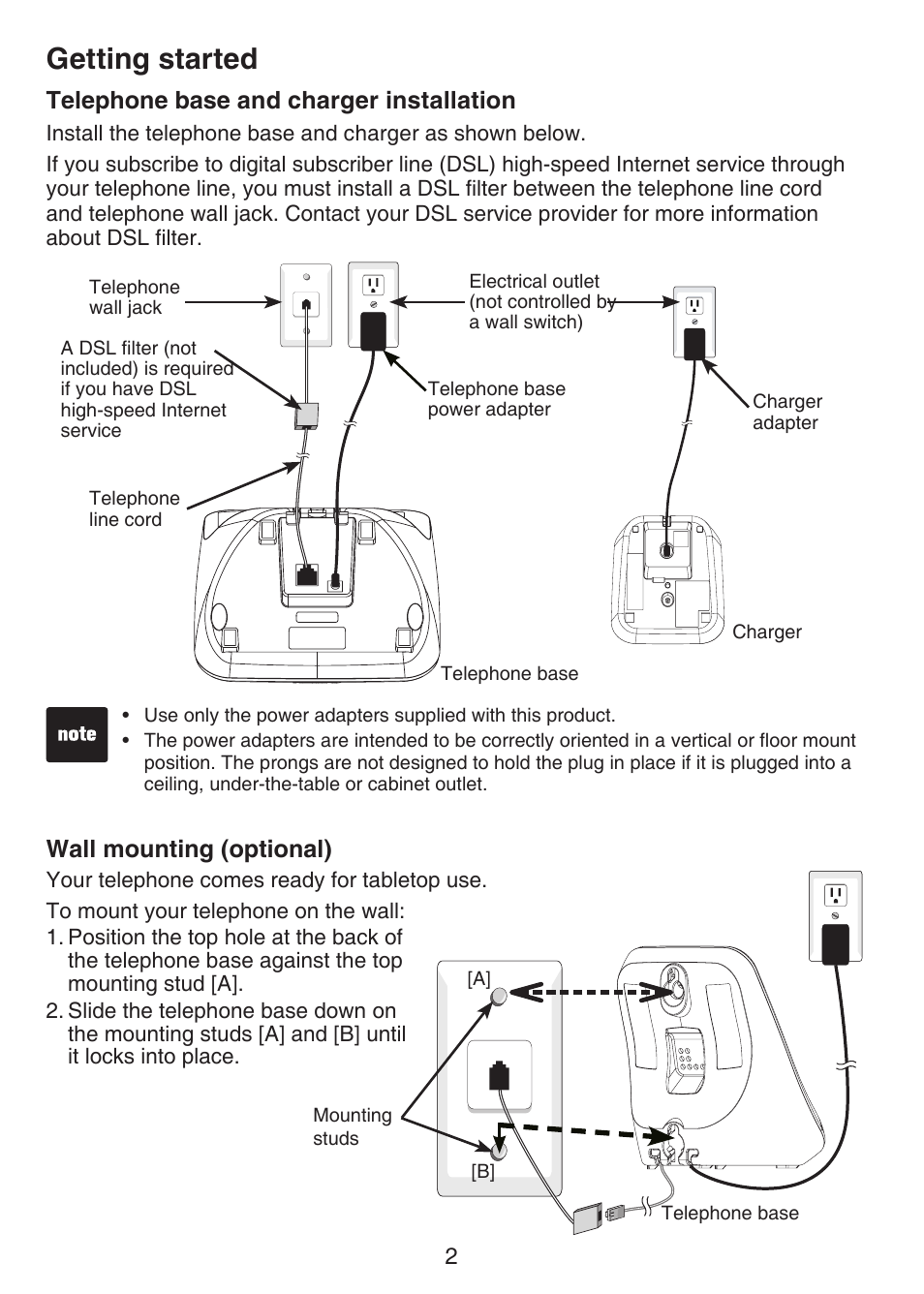 Telephone base and charger, Installation, Wall mounting (optional) | Getting started, Telephone base and charger installation | VTech CS6124-2 User Manual | Page 6 / 53