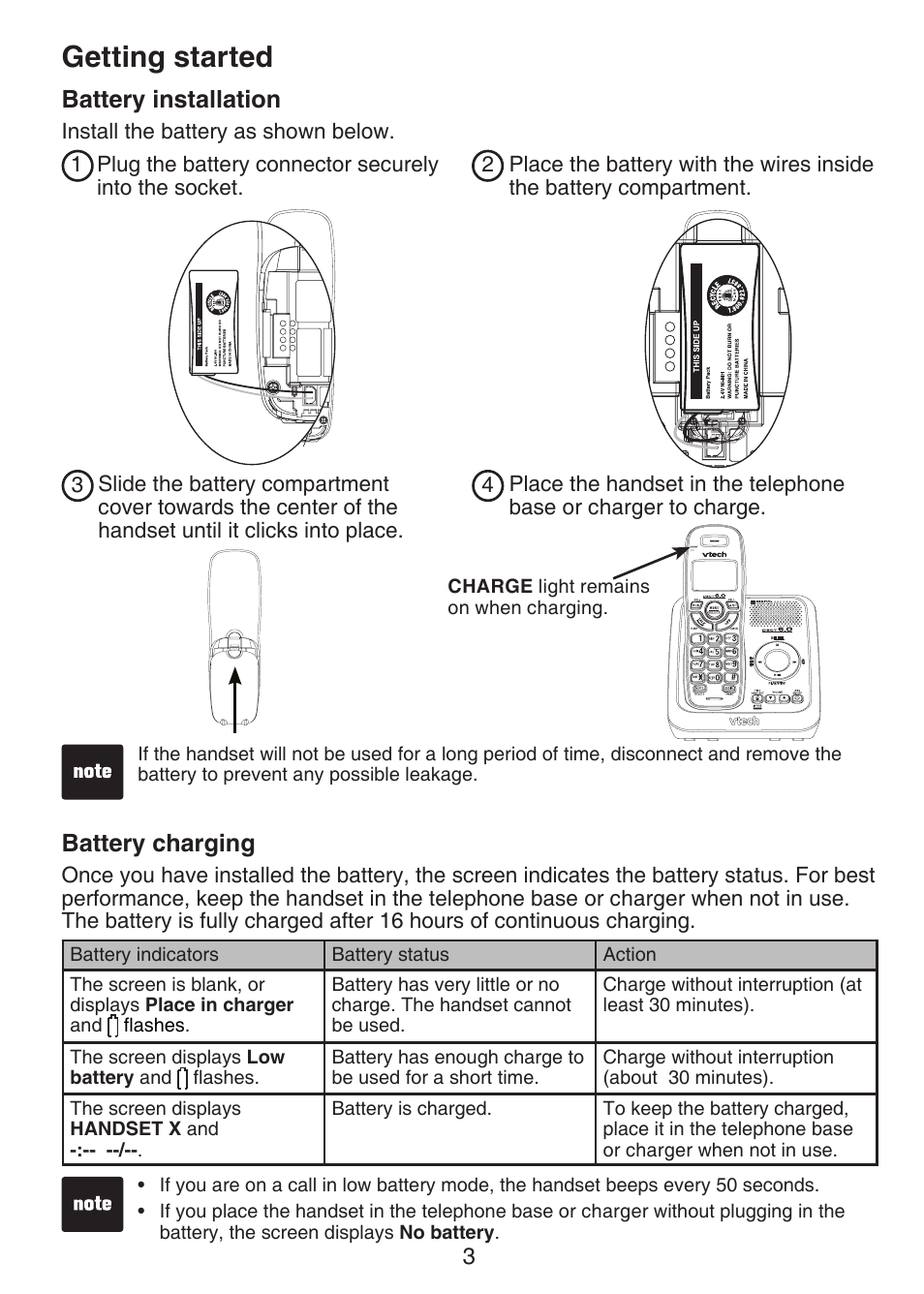 Battery installation, Battery charging, Getting started | VTech CS6124-2 User Manual | Page 7 / 53
