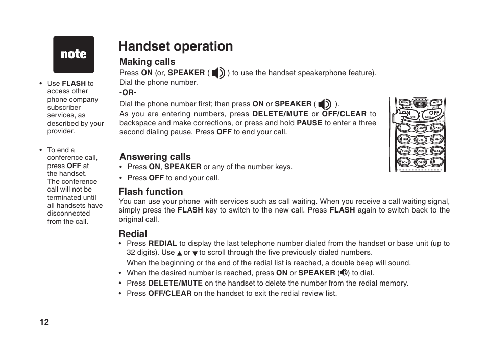 Handset operation, Making calls, Answering calls | Flash function, Redial | VTech BS5822 User Manual | Page 13 / 47