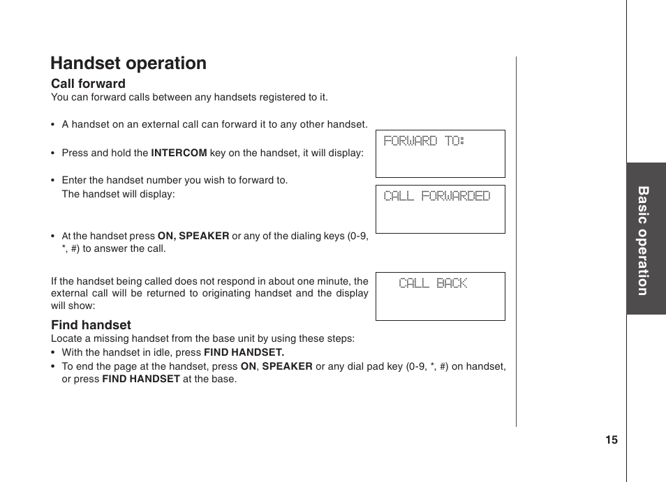 Handset operation, Bas ic o pe ra tio n | VTech BS5822 User Manual | Page 16 / 47
