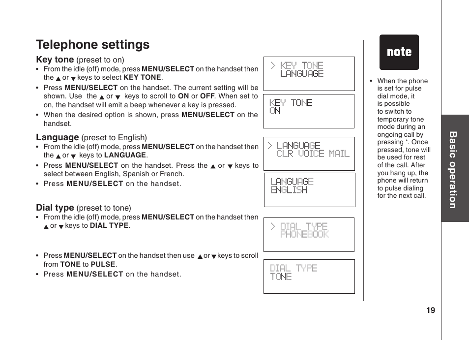 Telephone settings, Bas ic o pe ra tio n | VTech BS5822 User Manual | Page 20 / 47