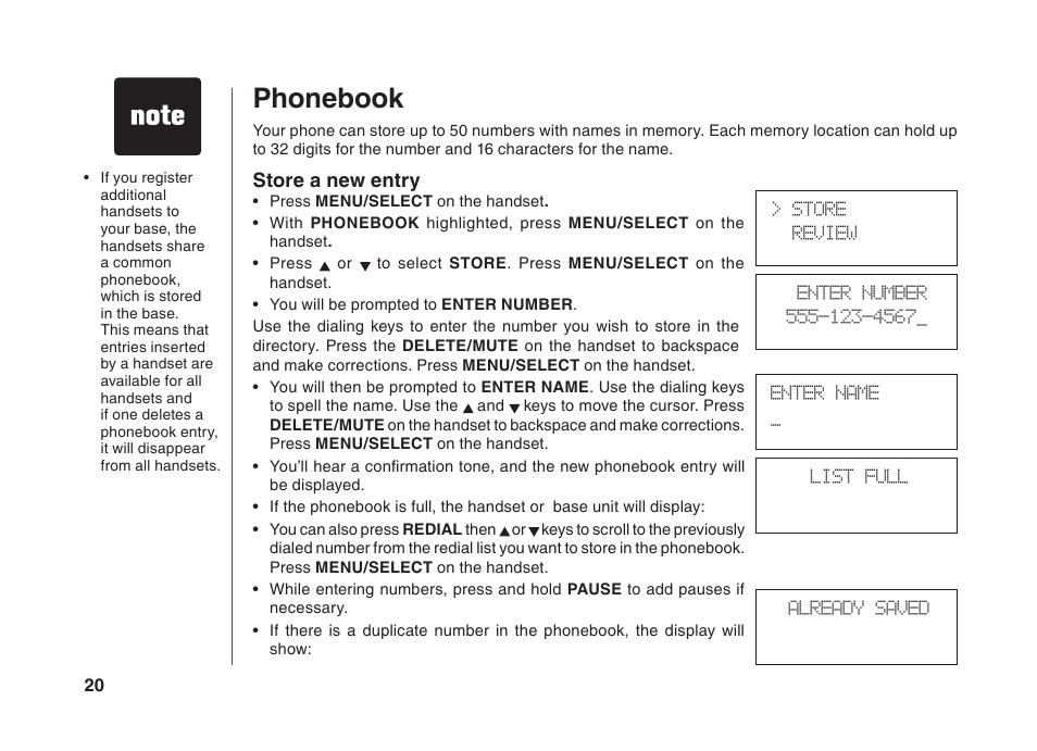 Phonebook, Store a new entry | VTech BS5822 User Manual | Page 21 / 47