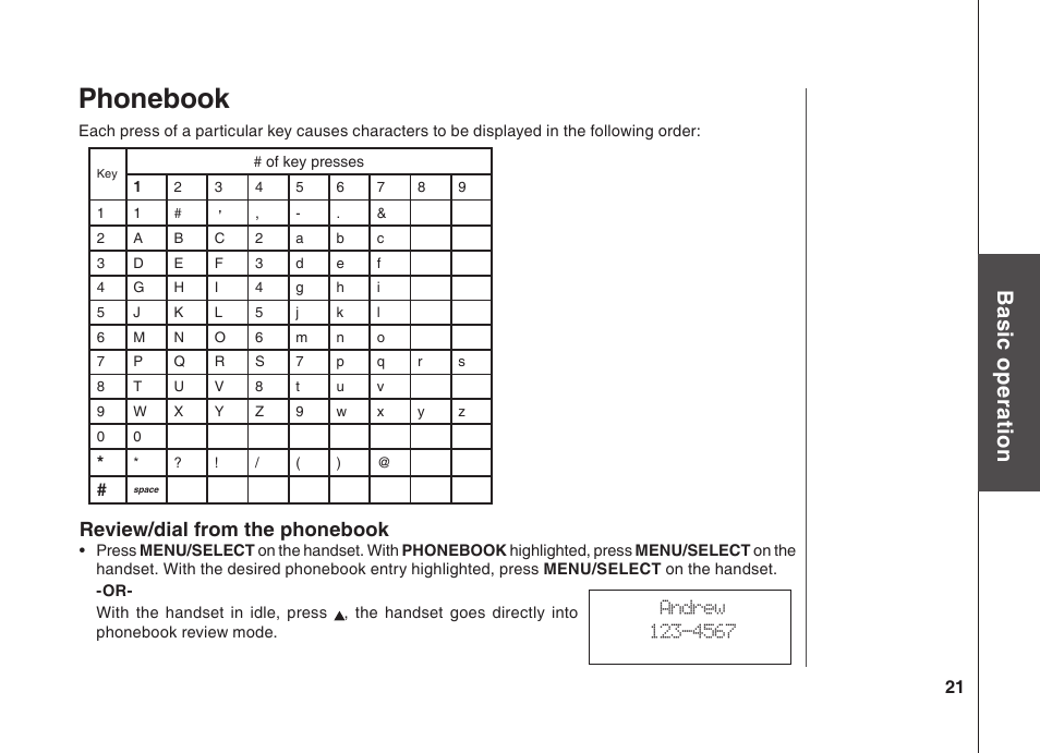 Phonebook, Bas ic o pe ra tio n, Review/dial from the phonebook | VTech BS5822 User Manual | Page 22 / 47