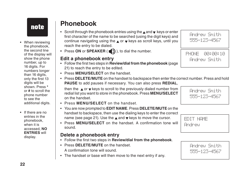 Phonebook, Edit a phonebook entry, Delete a phonebook entry | VTech BS5822 User Manual | Page 23 / 47
