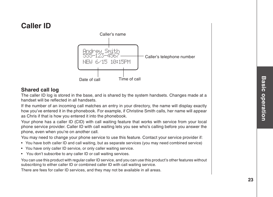 Caller id, Bas ic o pe ra tio n | VTech BS5822 User Manual | Page 24 / 47