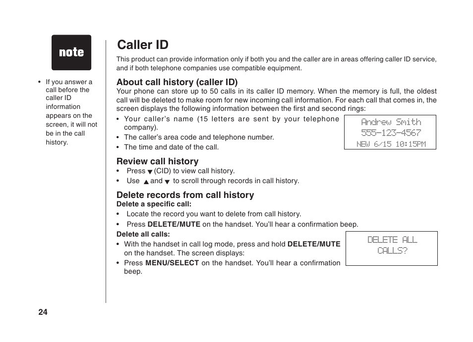 Caller id, About call history (caller id), Review call history | Delete records from call history | VTech BS5822 User Manual | Page 25 / 47