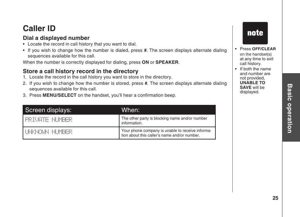 Caller id, Bas ic o pe ra tio n screen displays: when | VTech BS5822 User Manual | Page 26 / 47