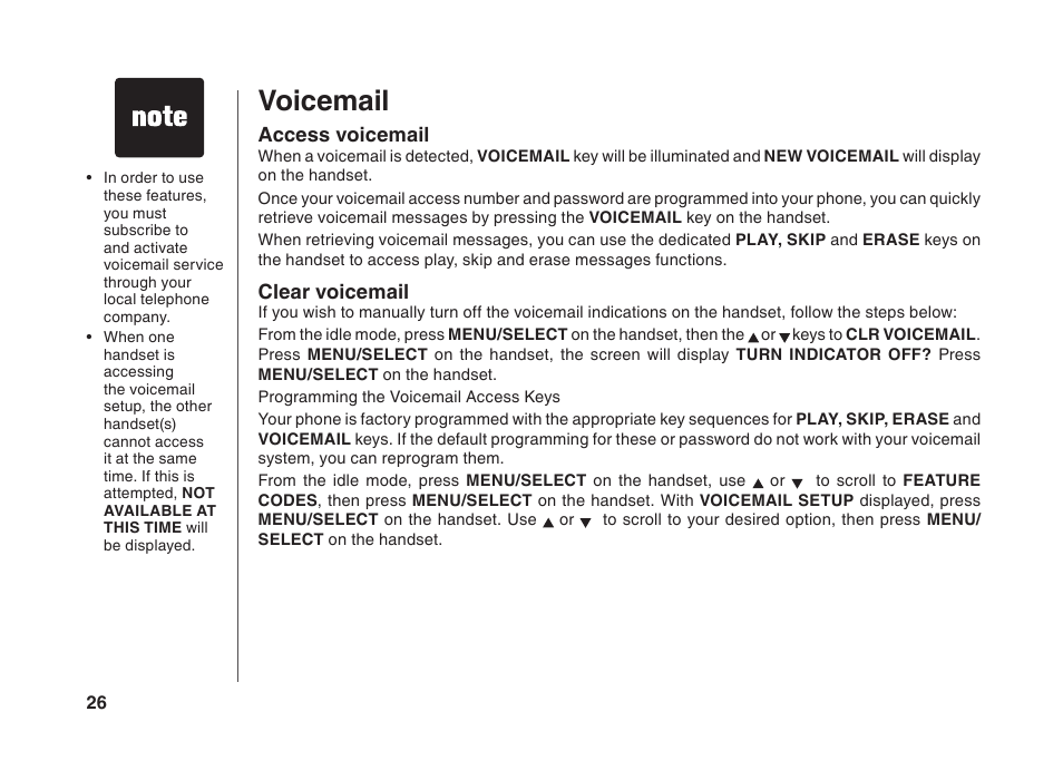 Voicemail, Access voicemail, Clear voicemail | VTech BS5822 User Manual | Page 27 / 47