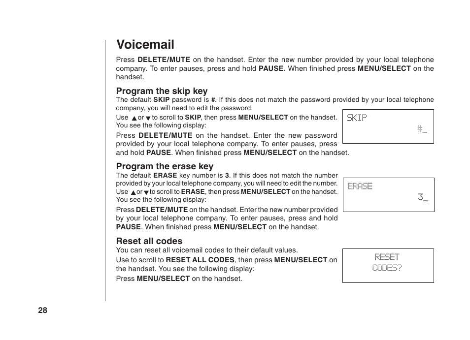 Voicemail, Program the skip key, Program the erase key | Reset all codes | VTech BS5822 User Manual | Page 29 / 47
