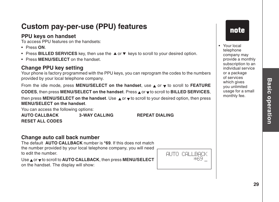 Custom pay-per-use (ppu) features, Bas ic o pe ra tio n | VTech BS5822 User Manual | Page 30 / 47