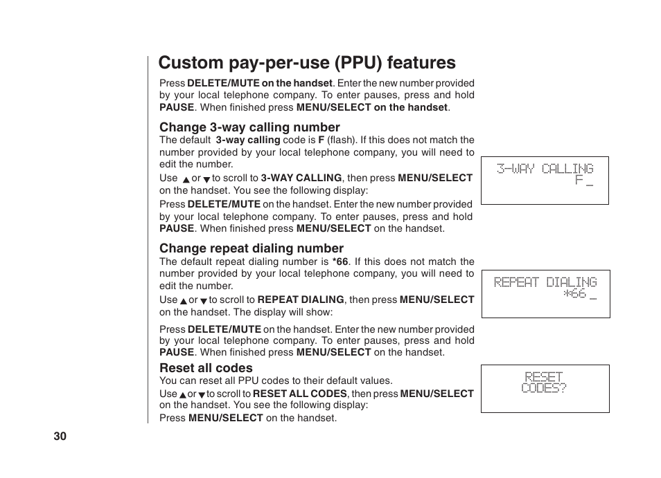 Custom pay-per-use (ppu) features, Change 3-way calling number, Change repeat dialing number | Reset all codes | VTech BS5822 User Manual | Page 31 / 47