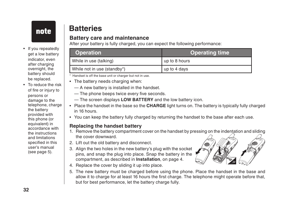 Batteries, Battery care and maintenance, Operation operating time | VTech BS5822 User Manual | Page 33 / 47