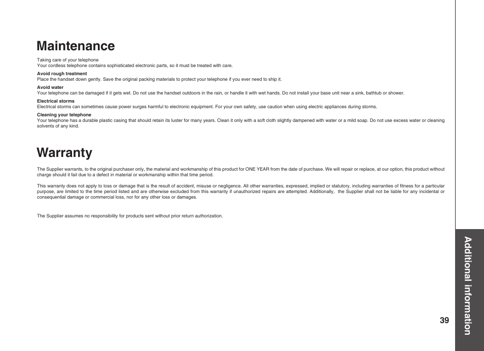 Maintenance, Warranty, Additional information | VTech BS5822 User Manual | Page 40 / 47