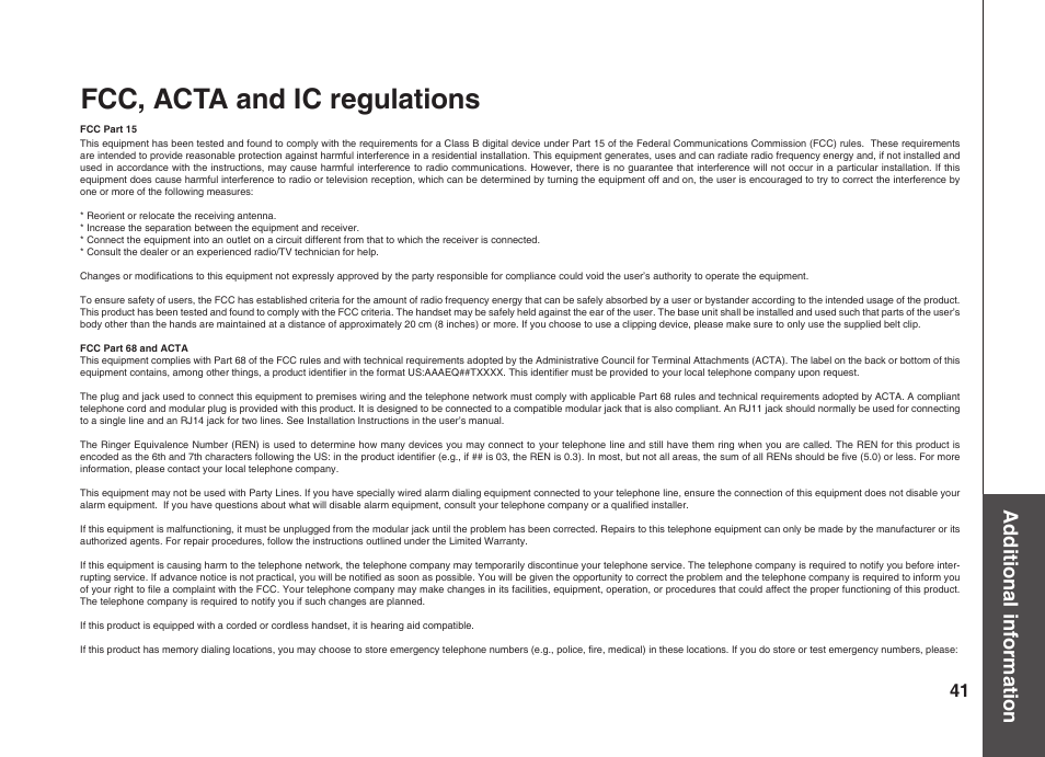 Fcc, acta and ic regulations, Additional information | VTech BS5822 User Manual | Page 42 / 47