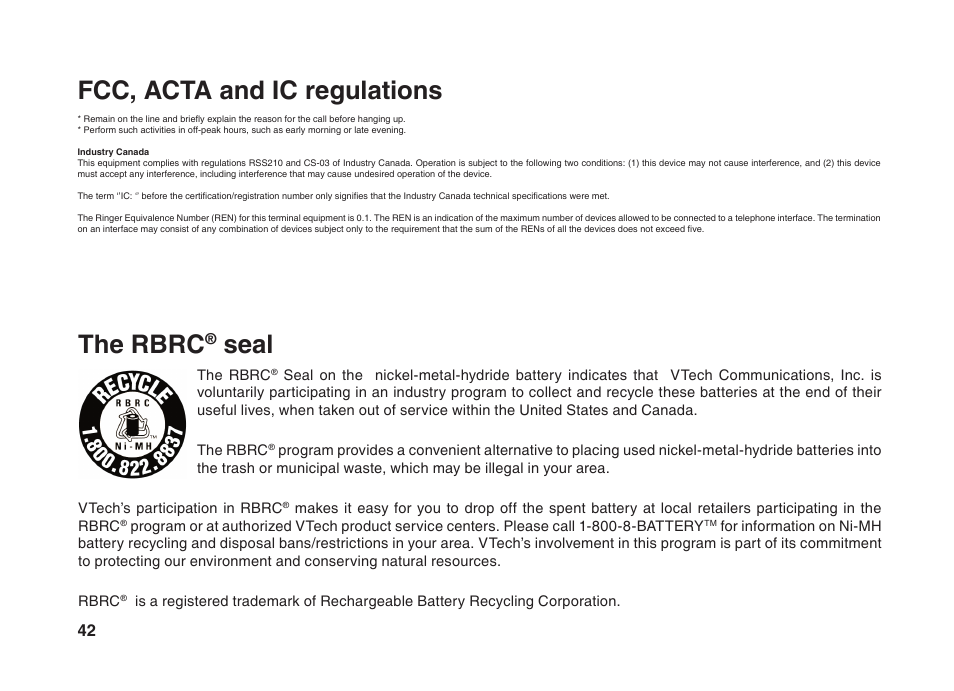 Fcc, acta and ic regulations, The rbrc, Seal | VTech BS5822 User Manual | Page 43 / 47