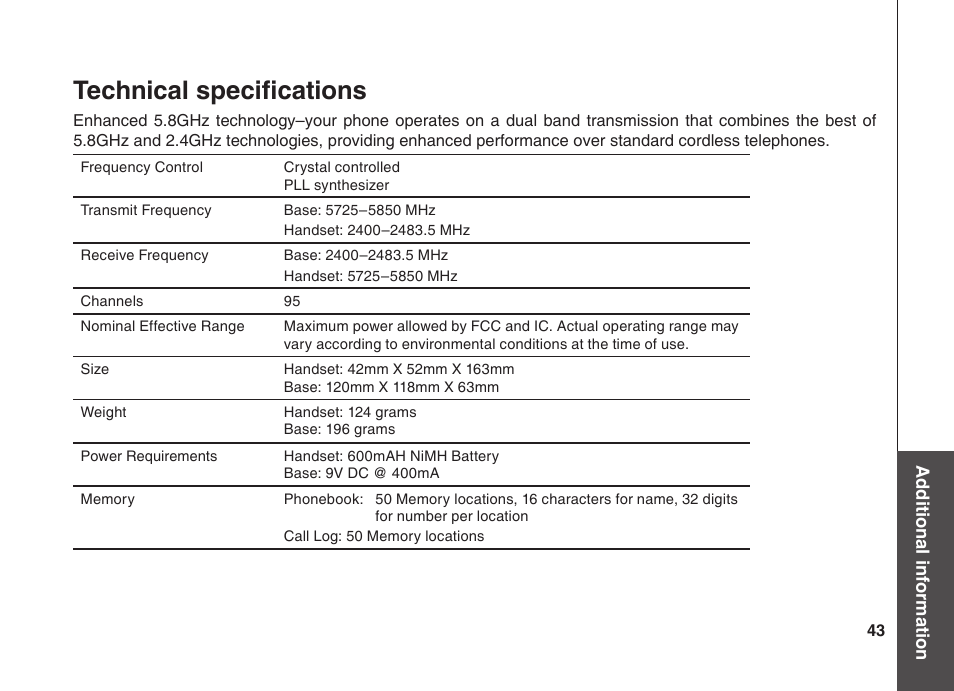 Technical specifications | VTech BS5822 User Manual | Page 44 / 47