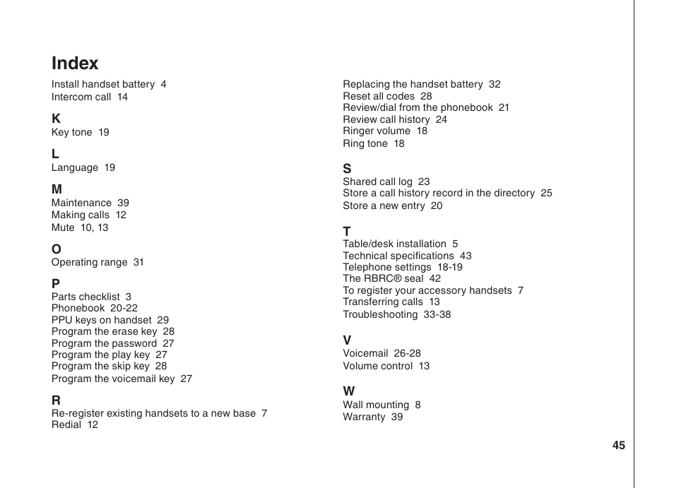 Index | VTech BS5822 User Manual | Page 46 / 47