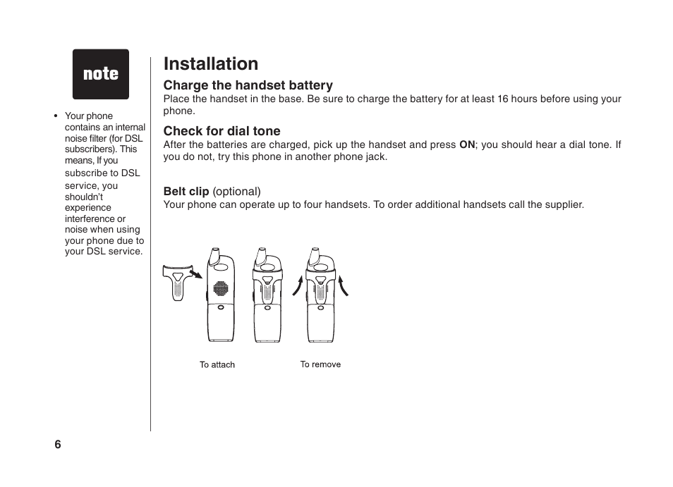 Installation, Charge the handset battery, Check for dial tone | VTech BS5822 User Manual | Page 7 / 47