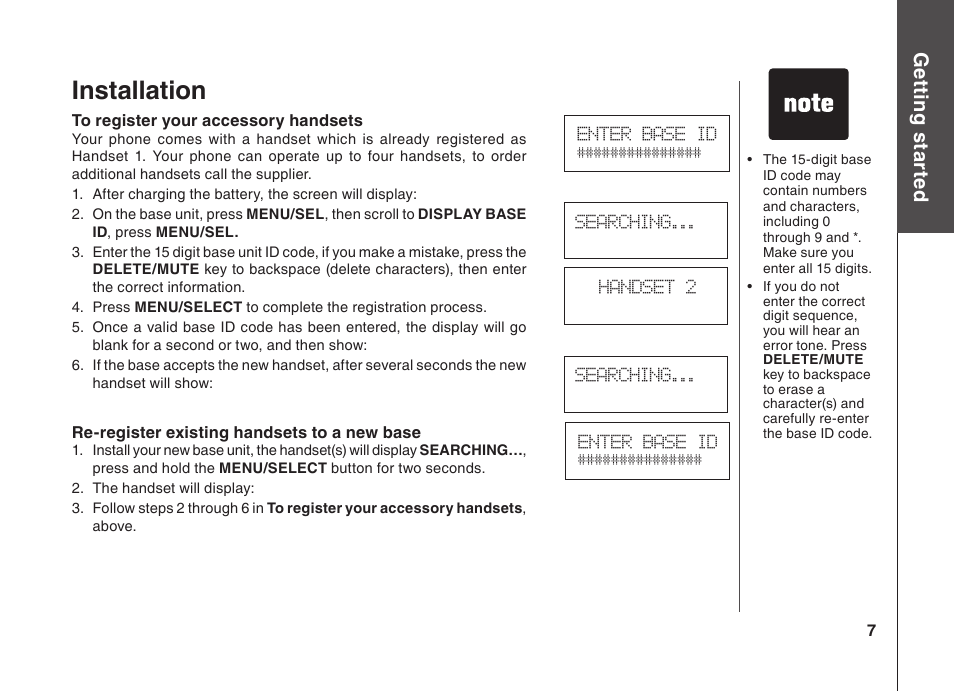 Installation, Gett in g s ta rte d | VTech BS5822 User Manual | Page 8 / 47