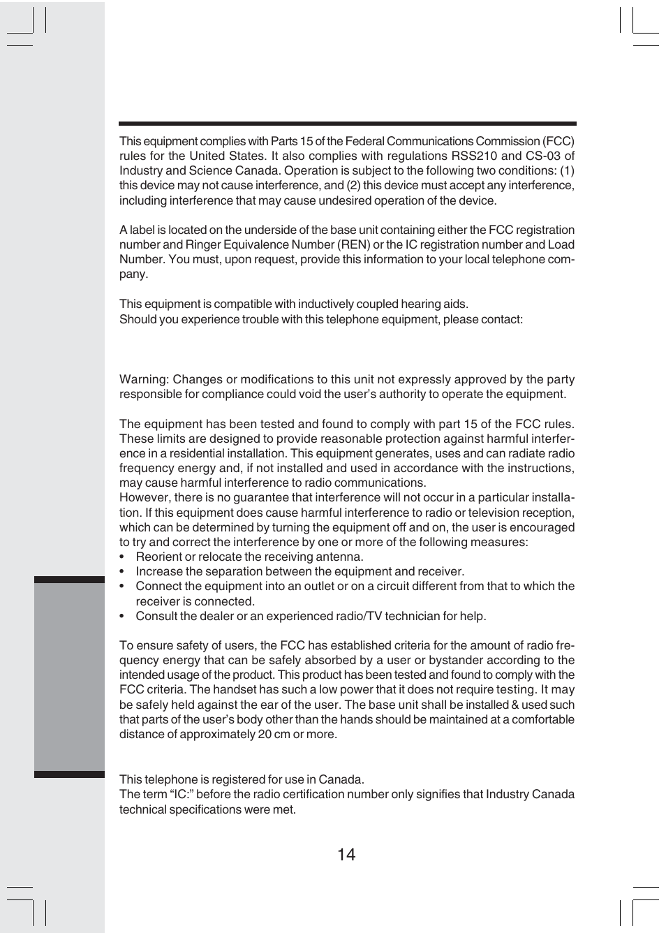 Fcc, acta, and ic regulations, Additional information 14 | VTech IP 811 User Manual | Page 15 / 20