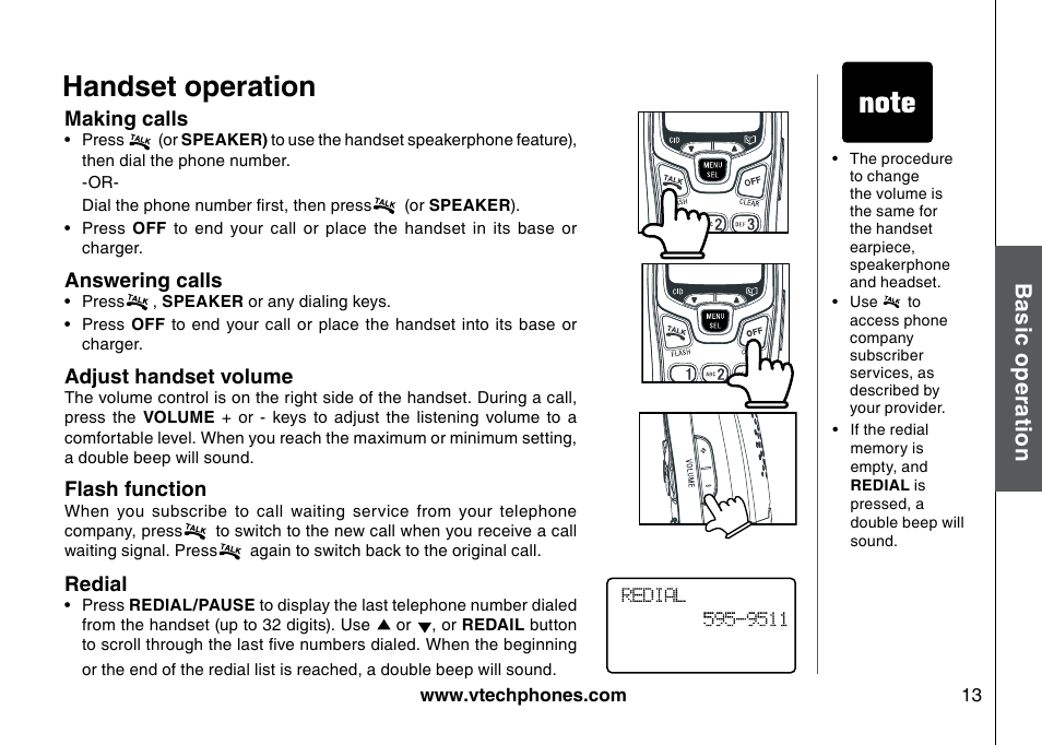 Handset operation, Bas ic o pe ra tio n | VTech I6725 User Manual | Page 13 / 44