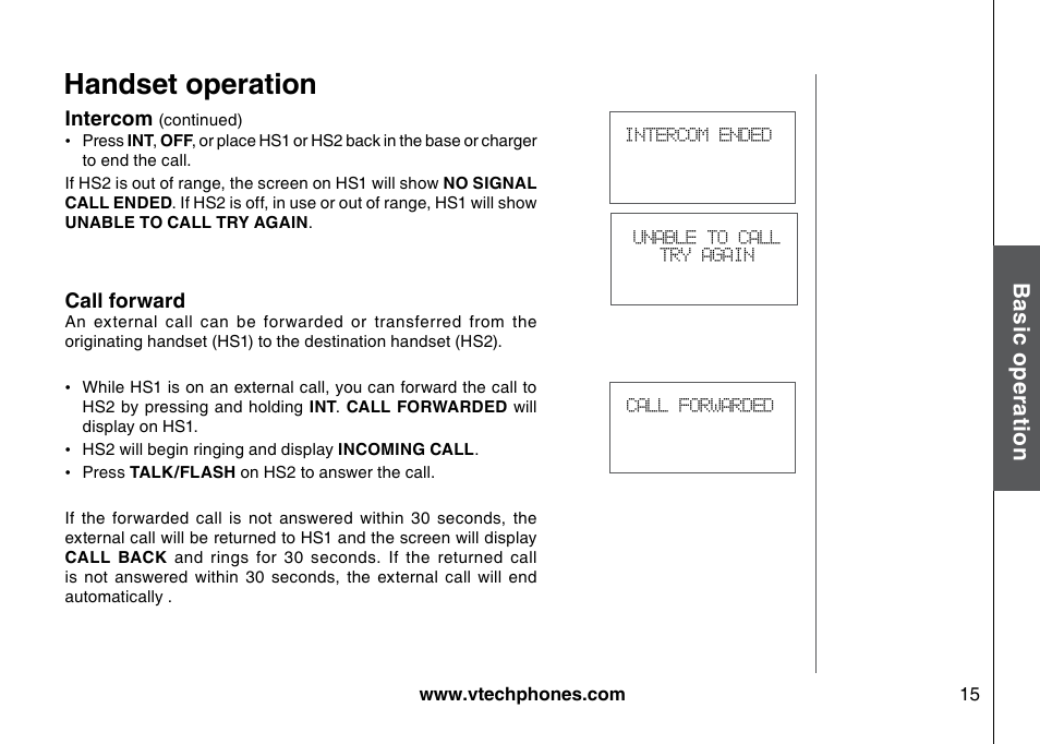 Handset operation, Bas ic o pe ra tio n | VTech I6725 User Manual | Page 15 / 44