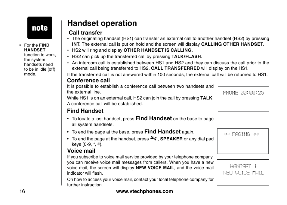 Handset operation | VTech I6725 User Manual | Page 16 / 44