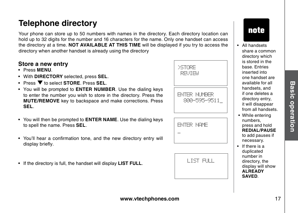 Telephone directory, Bas ic o pe ra tio n | VTech I6725 User Manual | Page 17 / 44