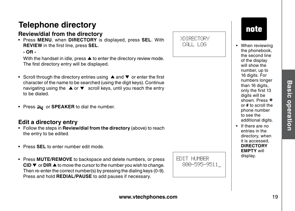 Telephone directory, Bas ic o pe ra tio n | VTech I6725 User Manual | Page 19 / 44