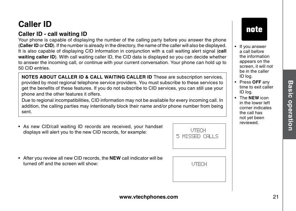 Caller id, Bas ic o pe ra tio n | VTech I6725 User Manual | Page 21 / 44