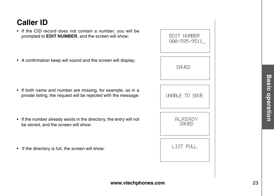 Caller id, Bas ic o pe ra tio n | VTech I6725 User Manual | Page 23 / 44